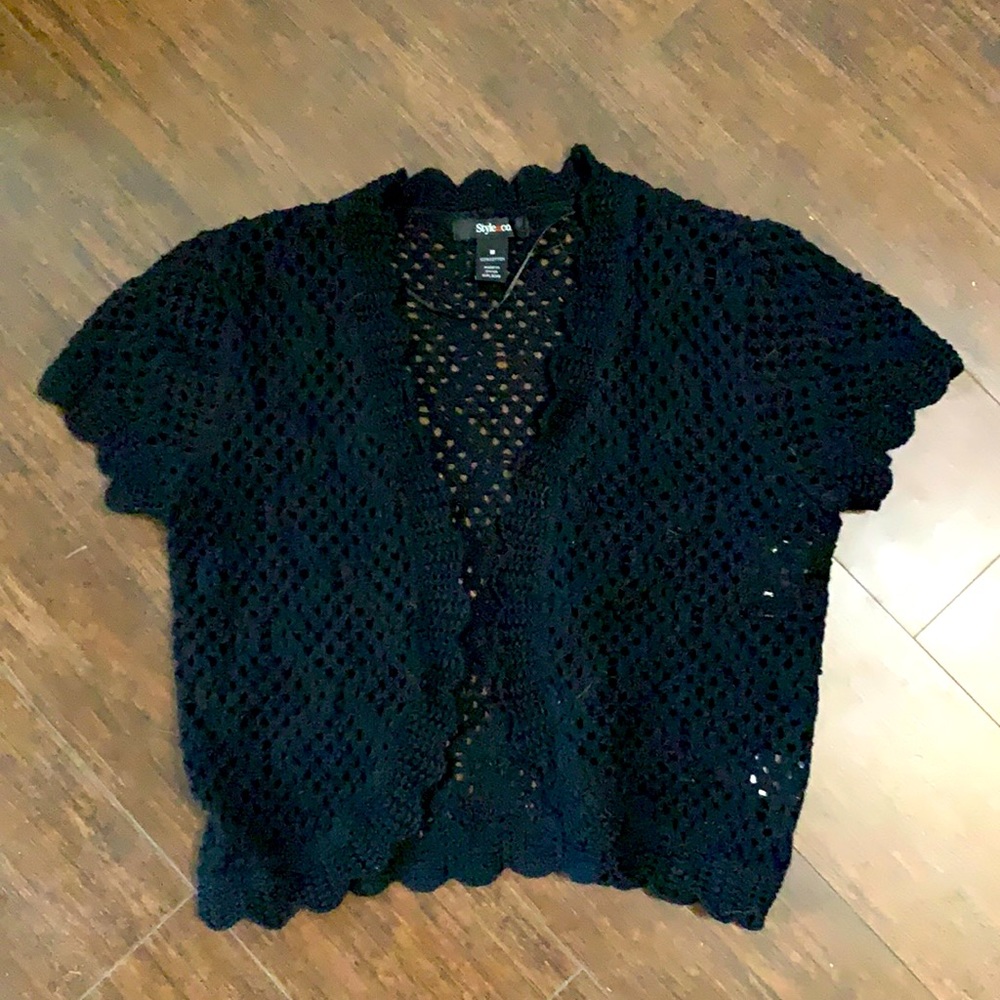 Style & Co Black Crochet Short Sleeve Sweater - Picture 2 of 6